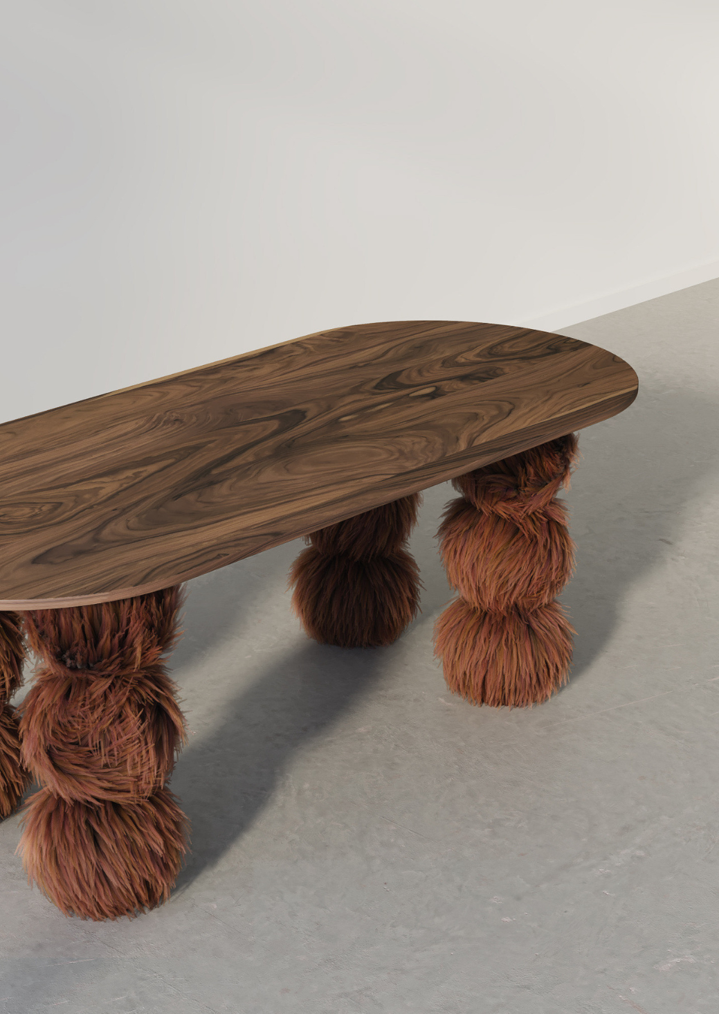 World’s Fluffiest Sphere Table – sculptural upholstered sphere table in walnut
Close-up of hairy legs on World’s Fluffiest Sphere Table, handcrafted in NSW