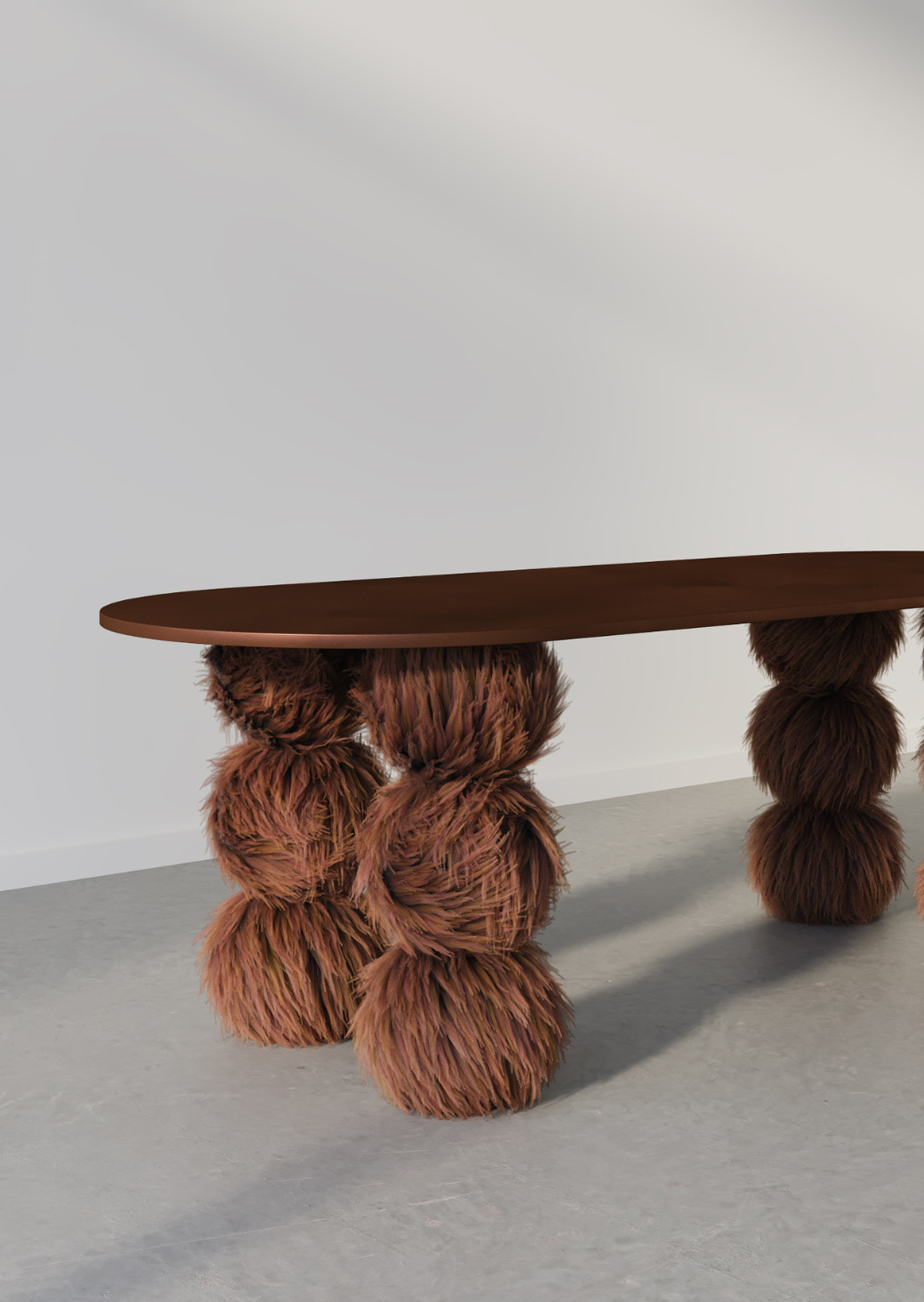 World’s Fluffiest Sphere Table – sculptural upholstered sphere table bronze

Close-up of hairy legs on World’s Fluffiest Sphere Table, handcrafted in NSW