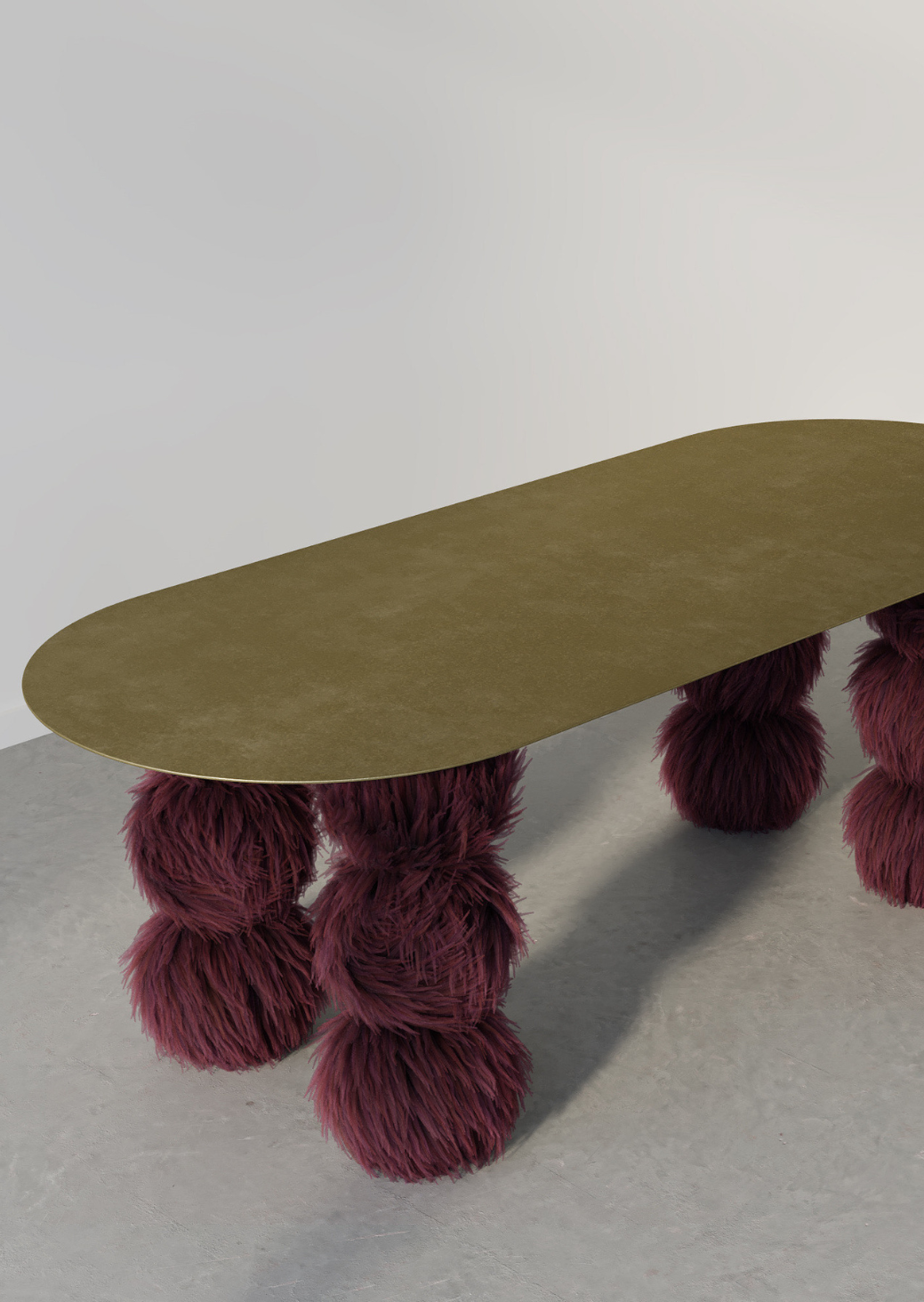 World’s Fluffiest Sphere Table – sculptural upholstered sphere table in brass

Close-up of hairy legs on World’s Fluffiest Sphere Table, handcrafted in NSW