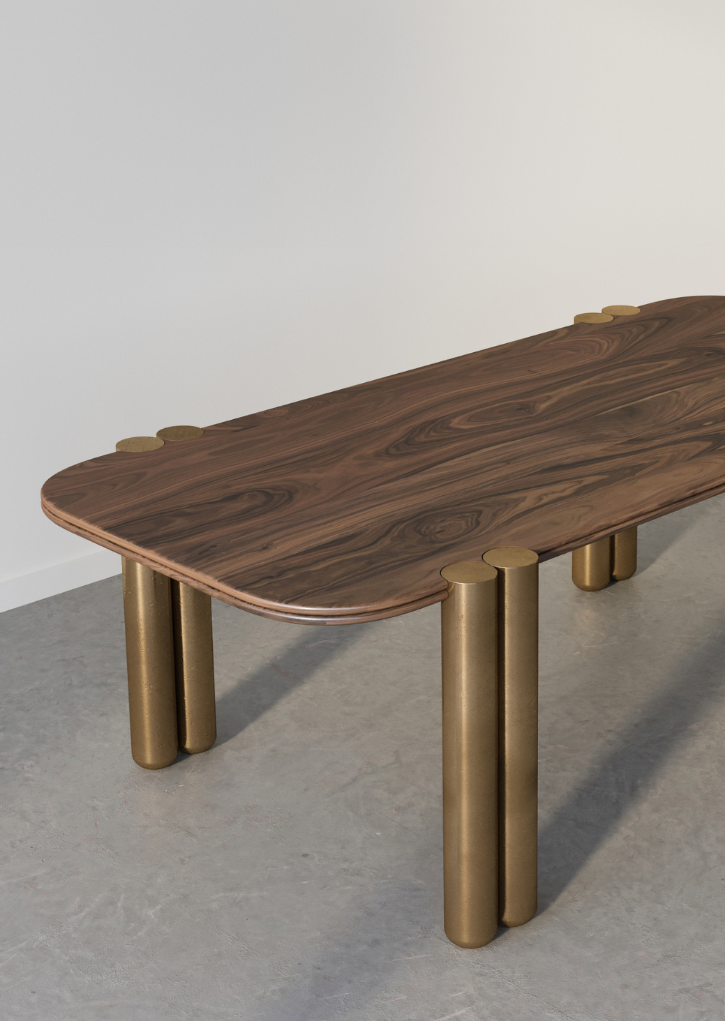 Forever Table walnut and brass base combination, numbered edition detail