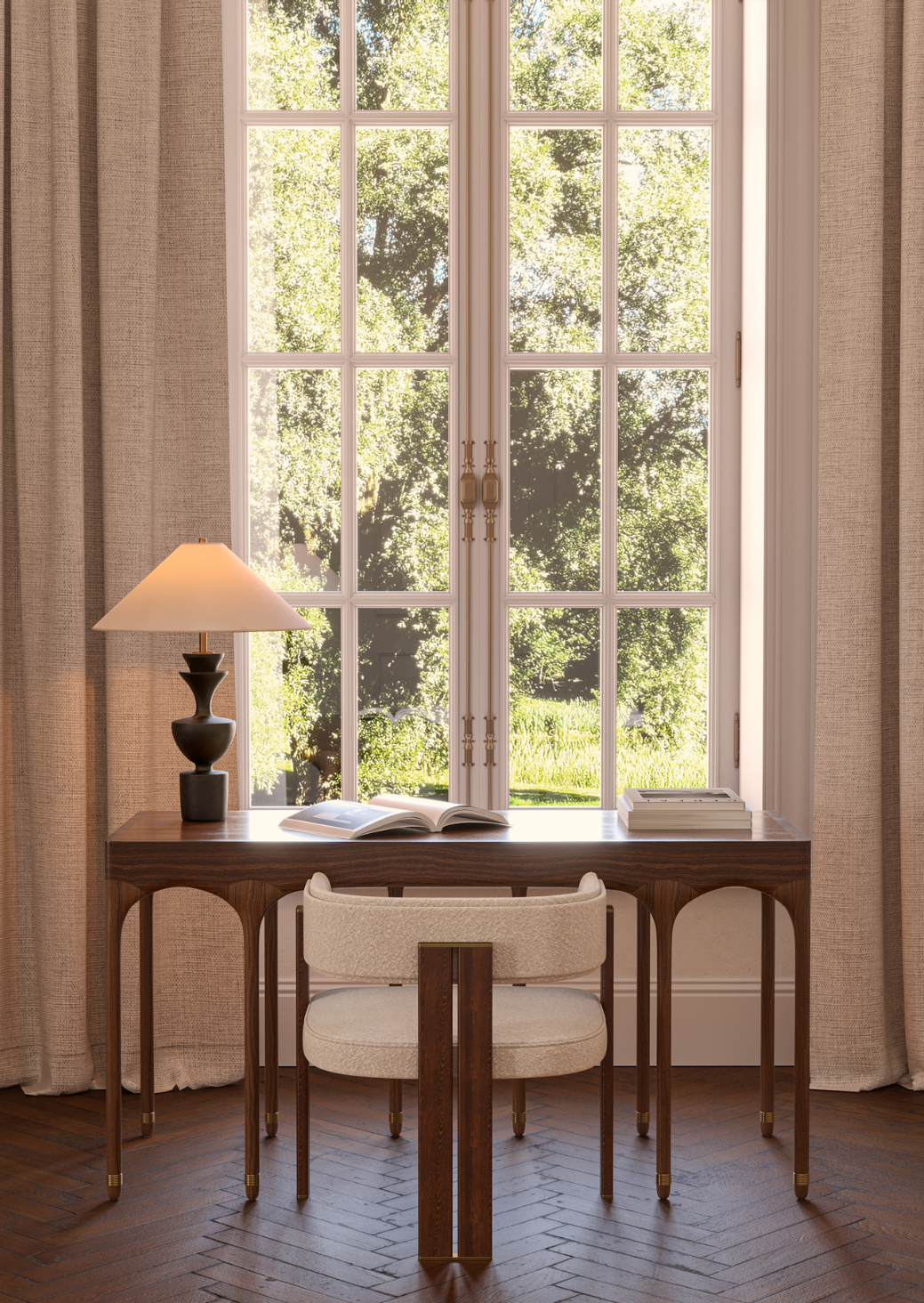 Rark Desk – limited edition sculptural desk in walnut with brass detailing