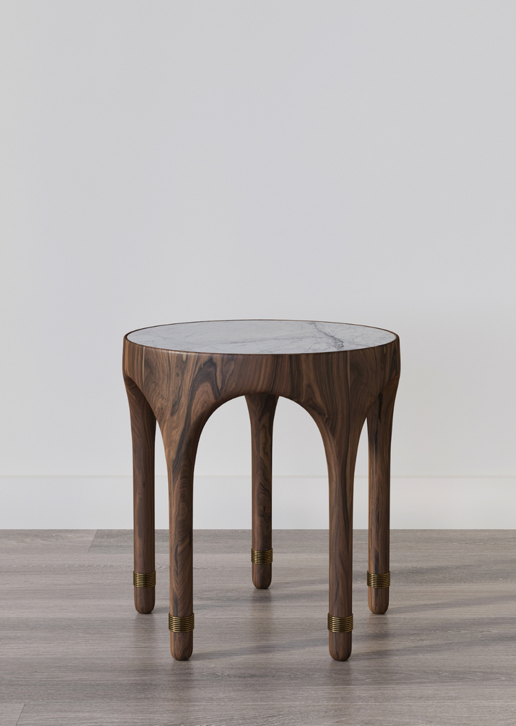 Wela Side Table close-up of brass and aluminum detailing, handcrafted in NSW

Signed edition Wela Side Table with marble inlay