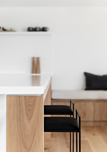 Kolsai Stool – modern minimalist stool with tan leather top and black steel frame