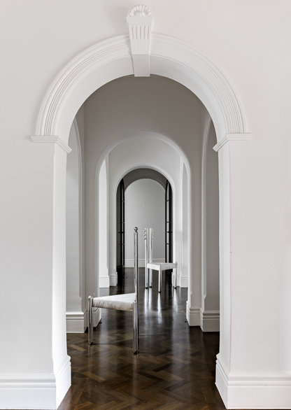 Six Variations Sphere Chair – sculptural chair with polished aluminum frame and cream velvet seat