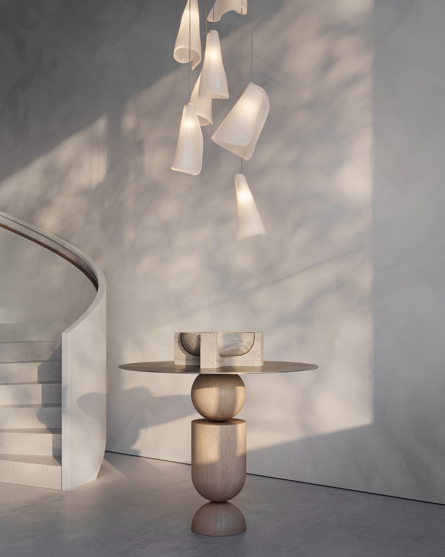 Sphere Console Table side view in American Oak and liquid aluminium