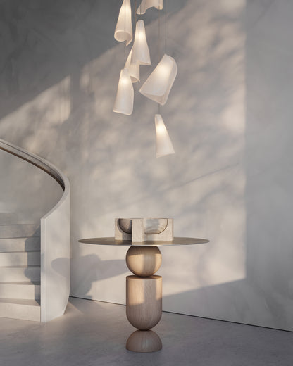 Sphere Console Table side view in American Oak and liquid aluminium