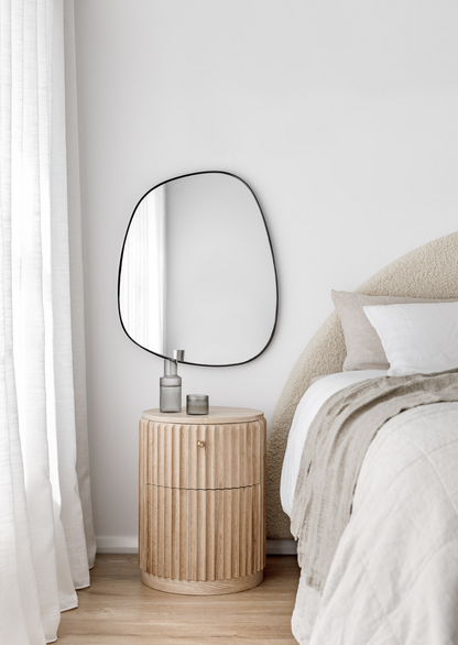 Underline Bedside Table – fluted timber bedside table in American Oak with brass handle