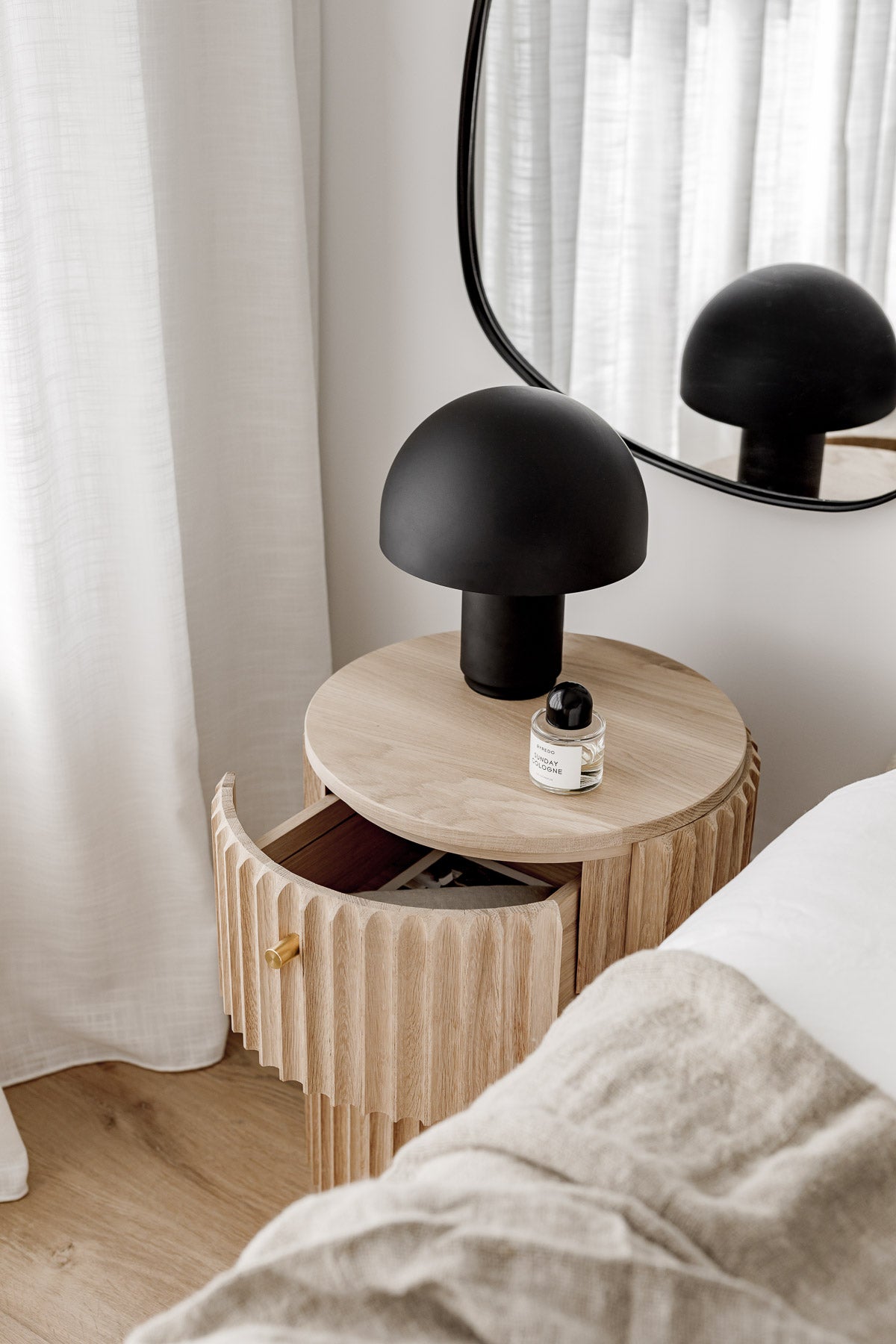 Underline Bedside Table rounded profile in Victorian Ash, limited to 100 editions