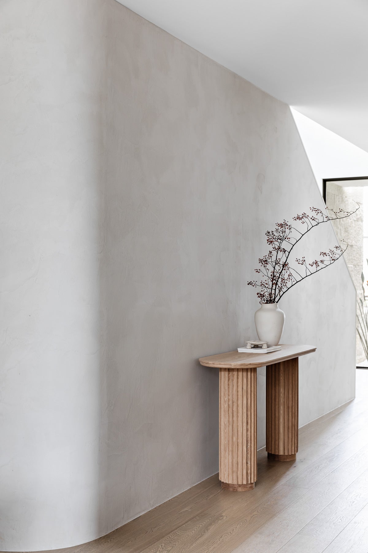 Underline Console – sculptural console table in American Oak with hollow timber bases