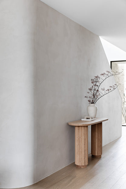 Underline Console – sculptural console table in American Oak with hollow timber bases