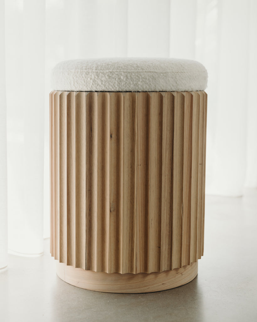 Underline Stool boucle upholstery top close-up, handcrafted in NSW